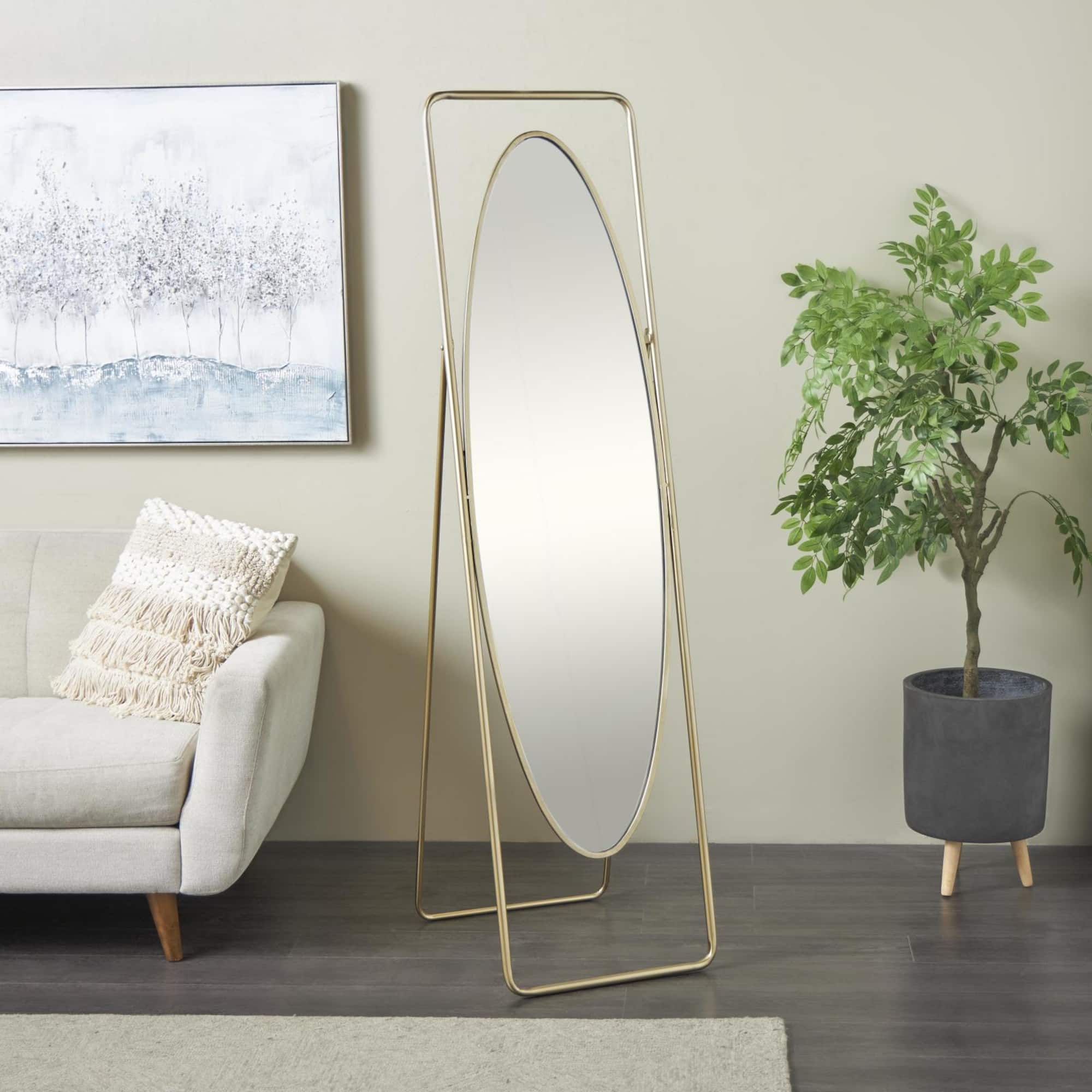 17" x 66" Gold Metal Geometric Oval Floor Mirror with Rectangular Frame & Stand